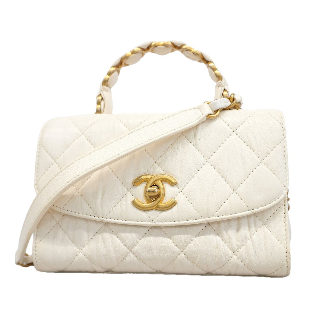 Chanel Handbag Quilted Top Handle Crumple Lambskin White Gold 2-Way Bag