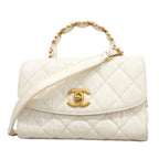 Chanel Handbag Quilted Top Handle Crumple Lambskin White Gold 2-Way Bag