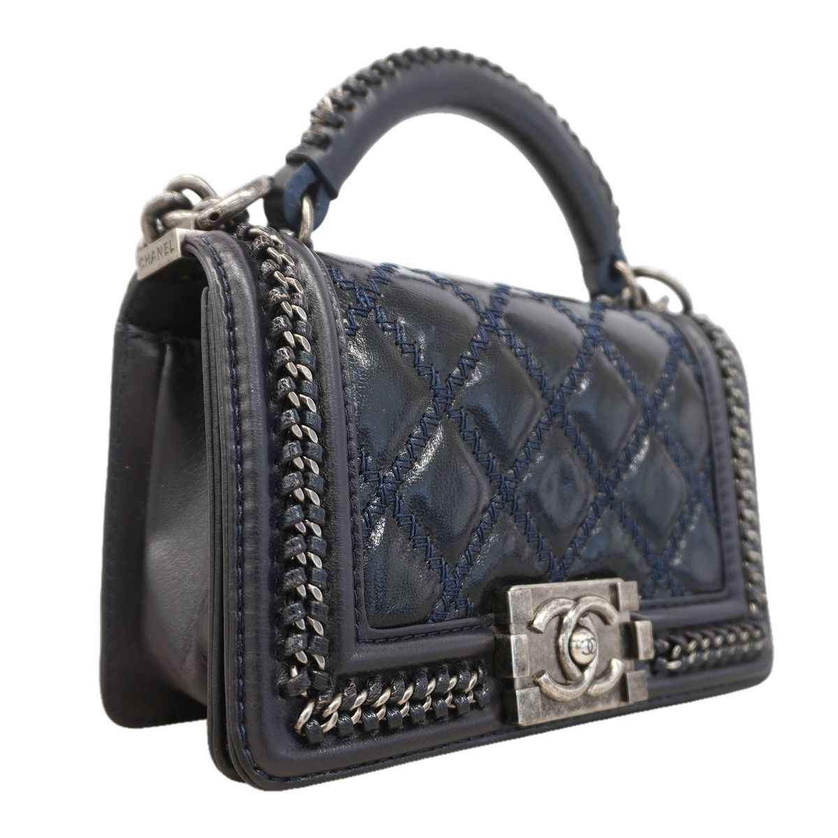 Chanel Handbag Boy Top Handle Lambskin Navy Silver 2-Way Bag — view 2