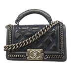 Chanel Handbag Boy Top Handle Lambskin Navy Silver 2-Way Bag