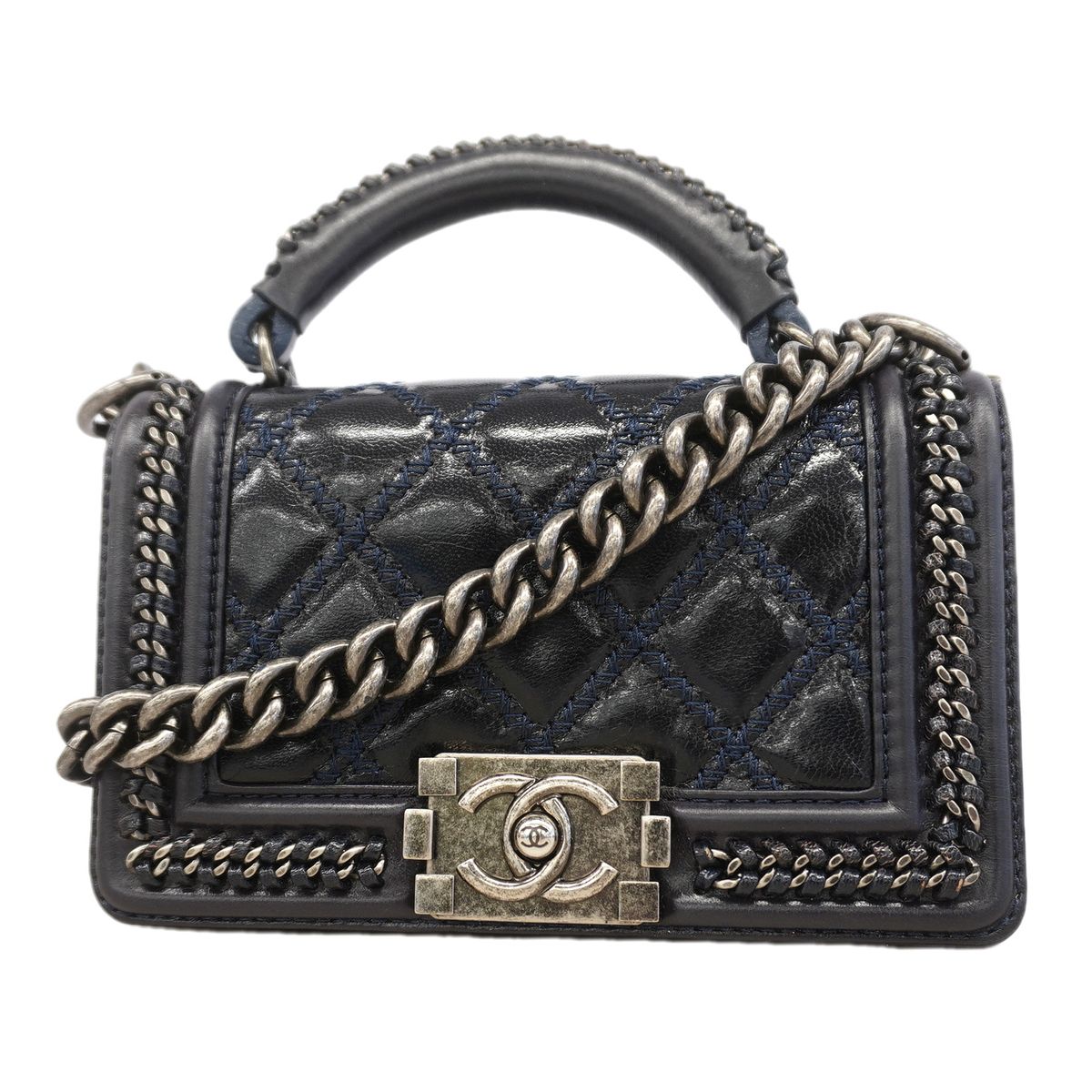 Chanel Handbag Boy Top Handle Lambskin Navy Silver 2-Way Bag