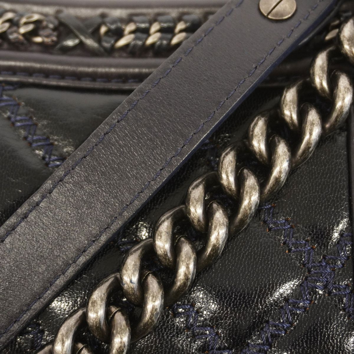 Chanel Handbag Boy Top Handle Lambskin Navy Silver 2-Way Bag — view 8