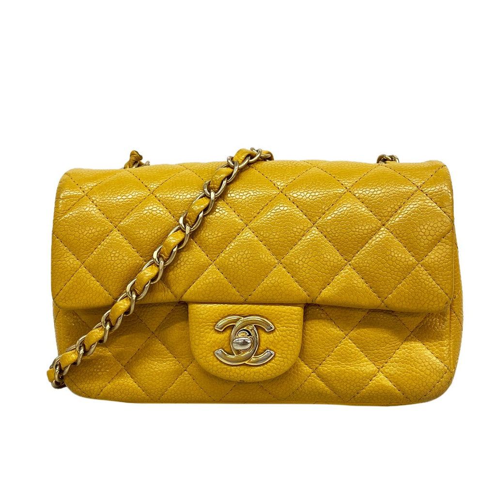 Chanel Shoulder Bag Mini Quilted Caviar Leather Yellow Gold