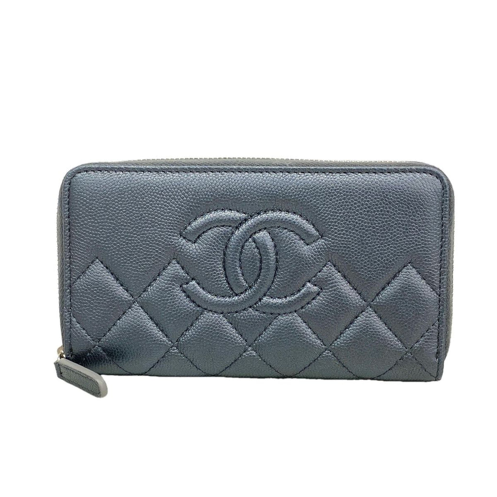 Chanel Wallet Quilted Caviar Leather Black Silver