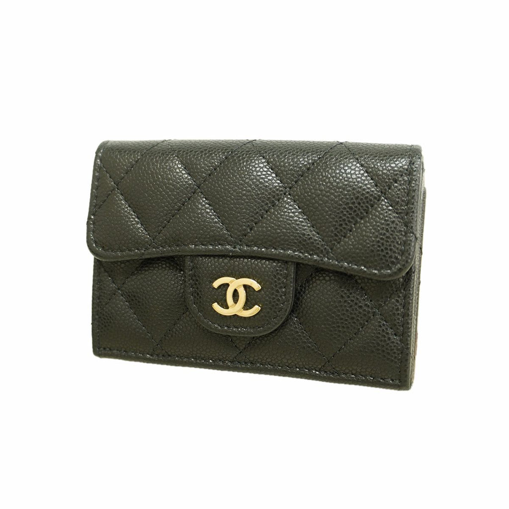 Chanel Trifold Wallet Quilted Caviar Leather Black Champagne Gold