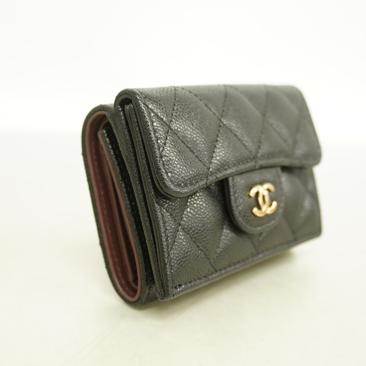Chanel Trifold Wallet Quilted Caviar Leather Black Champagne Gold — view 2