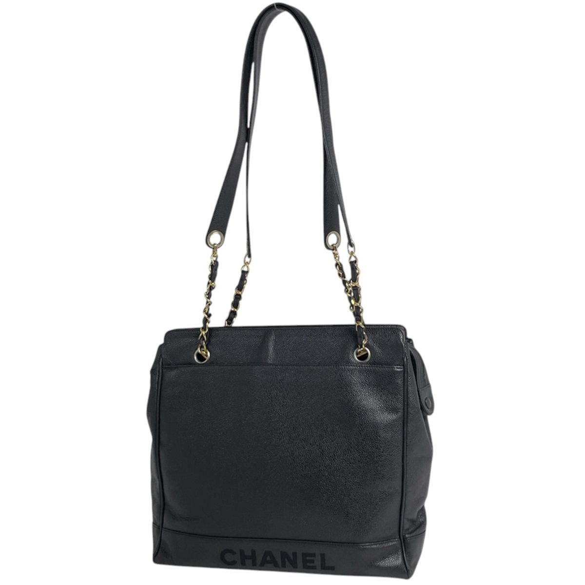 Chanel Tote Bag Chain Logo Caviar Leather Black