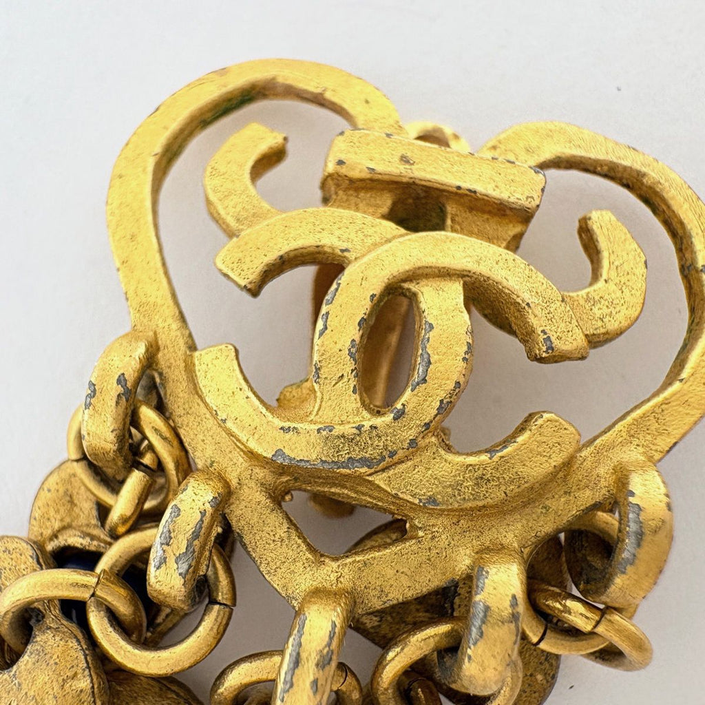 Chanel Earrings CC Logo Heart Swing Gripoix Color Stone Gold Blue — view 4