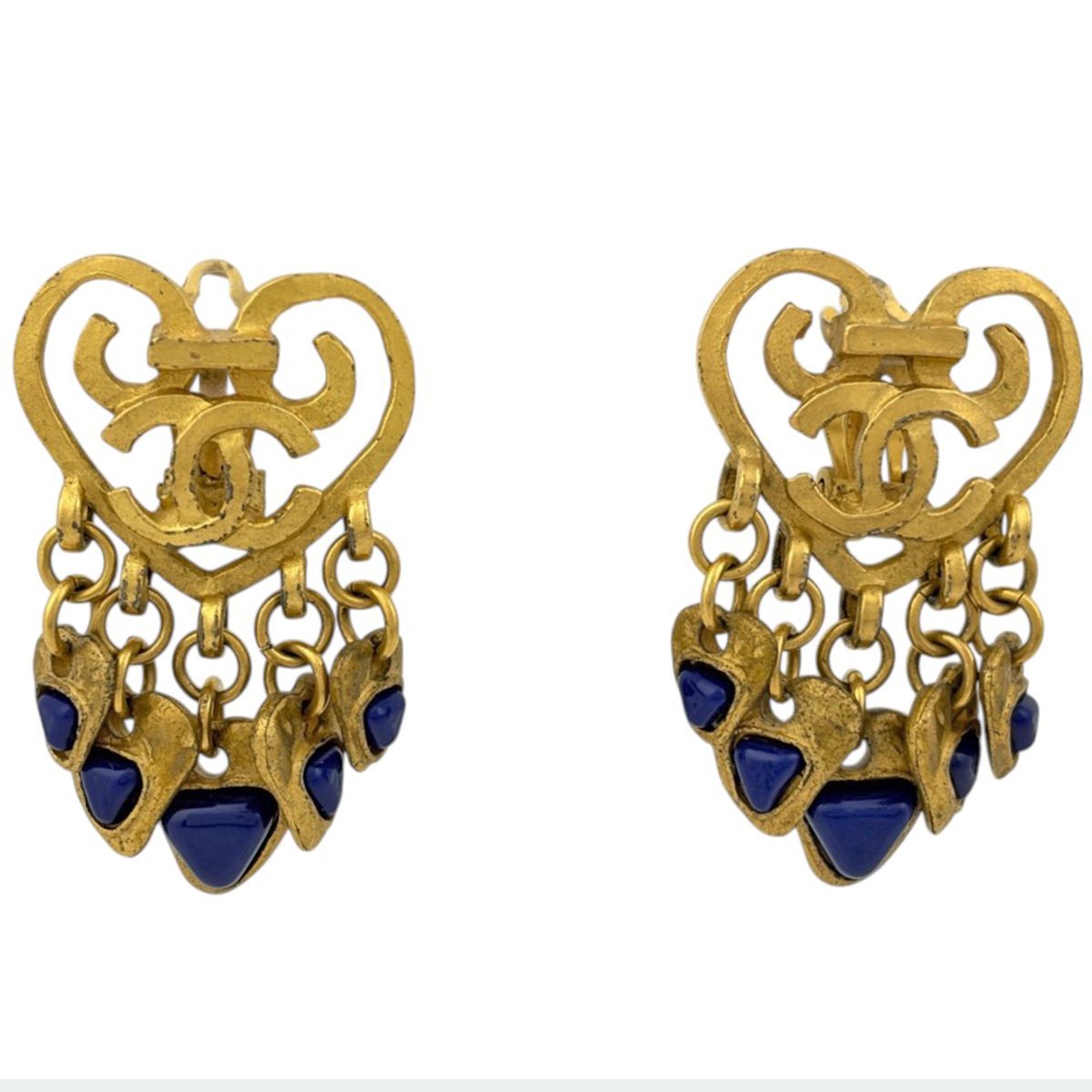 Chanel Earrings CC Logo Heart Swing Gripoix Color Stone Gold Blue
