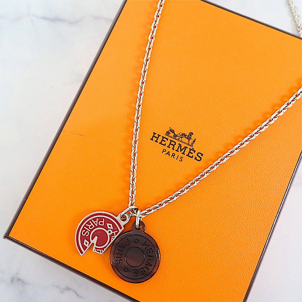 Hermes Carrousel Necklace Metal Buffalo Horn Silver Red