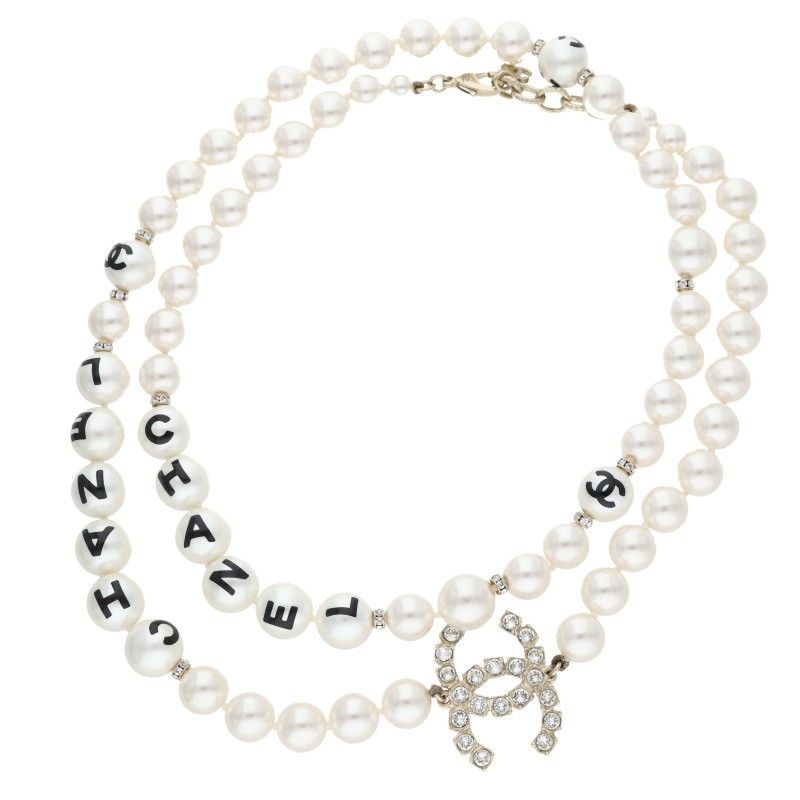 Chanel CC Logo Stone Embellished Pearl Choker Necklace — view 2