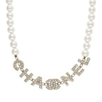 Chanel Logo Stone Embellished Pearl Choker Necklace