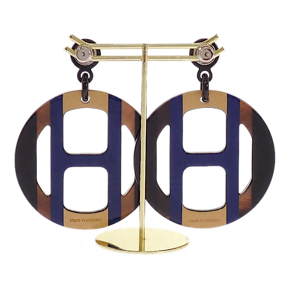 Hermes H Equipe Earrings Genus Buffalo Horn Blue Brown Orfebel — view 7