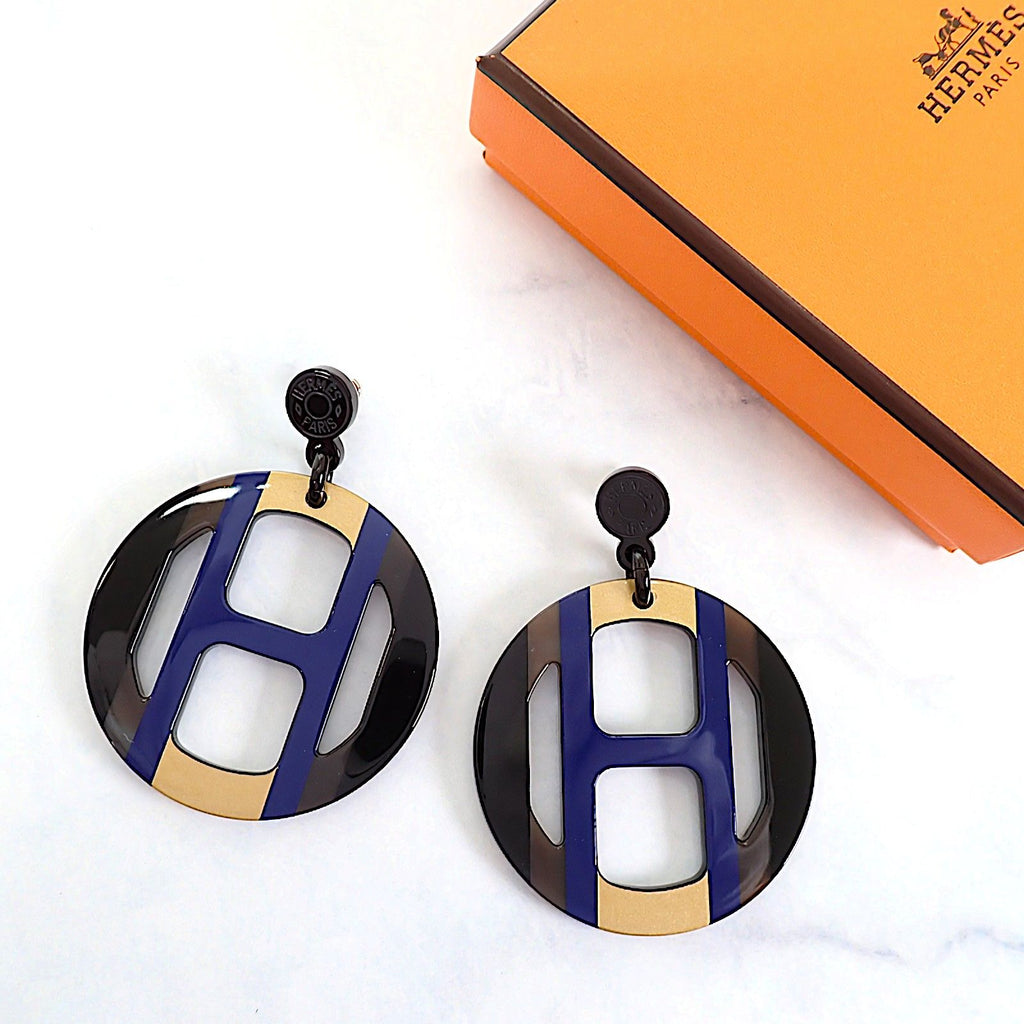 Hermes H Equipe Earrings Genus Buffalo Horn Blue Brown Orfebel