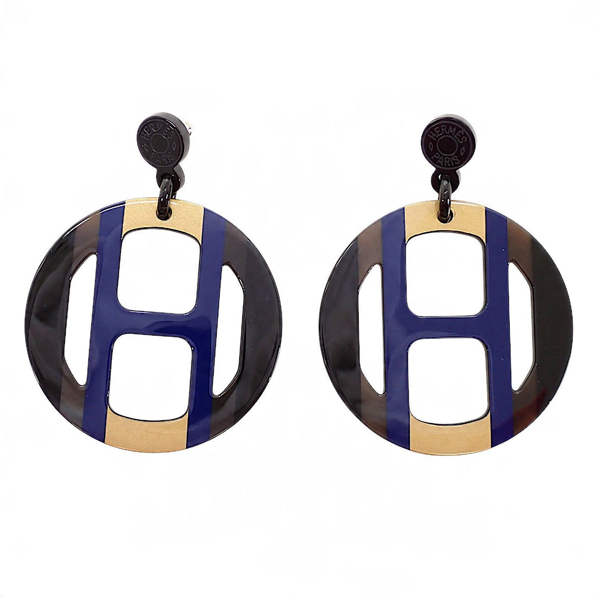 Hermes H Equipe Earrings Genus Buffalo Horn Blue Brown Orfebel — view 2