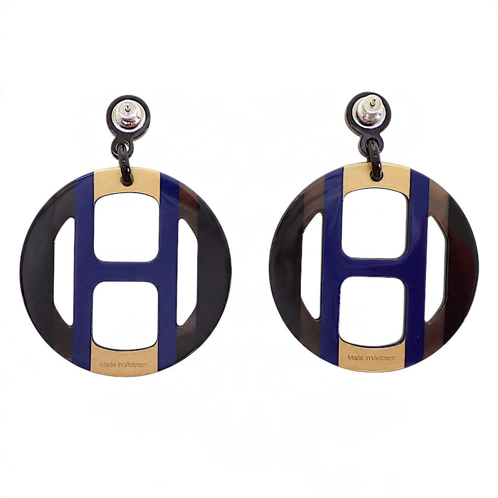 Hermes H Equipe Earrings Genus Buffalo Horn Blue Brown Orfebel — view 3