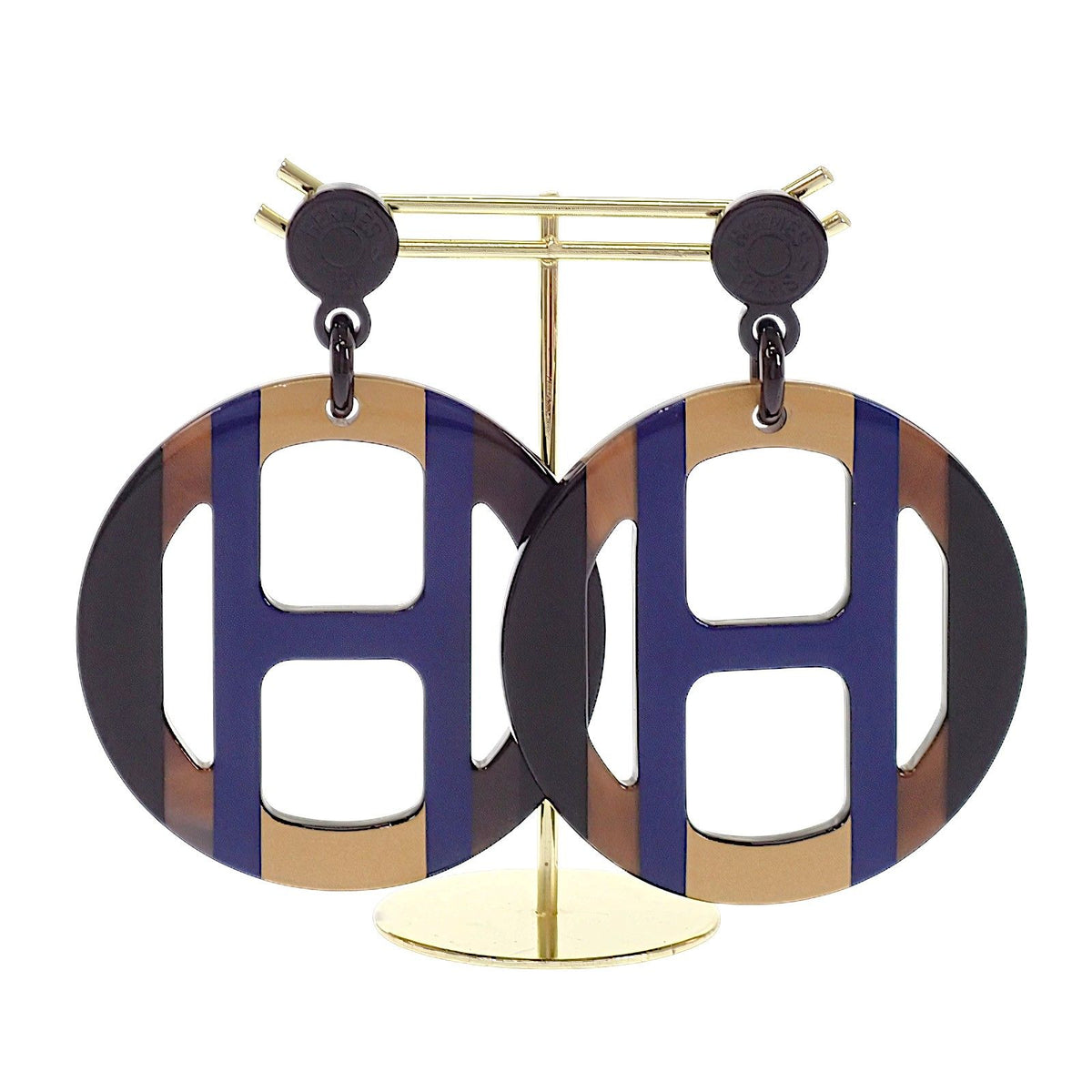 Hermes H Equipe Earrings Genus Buffalo Horn Blue Brown Orfebel — view 4