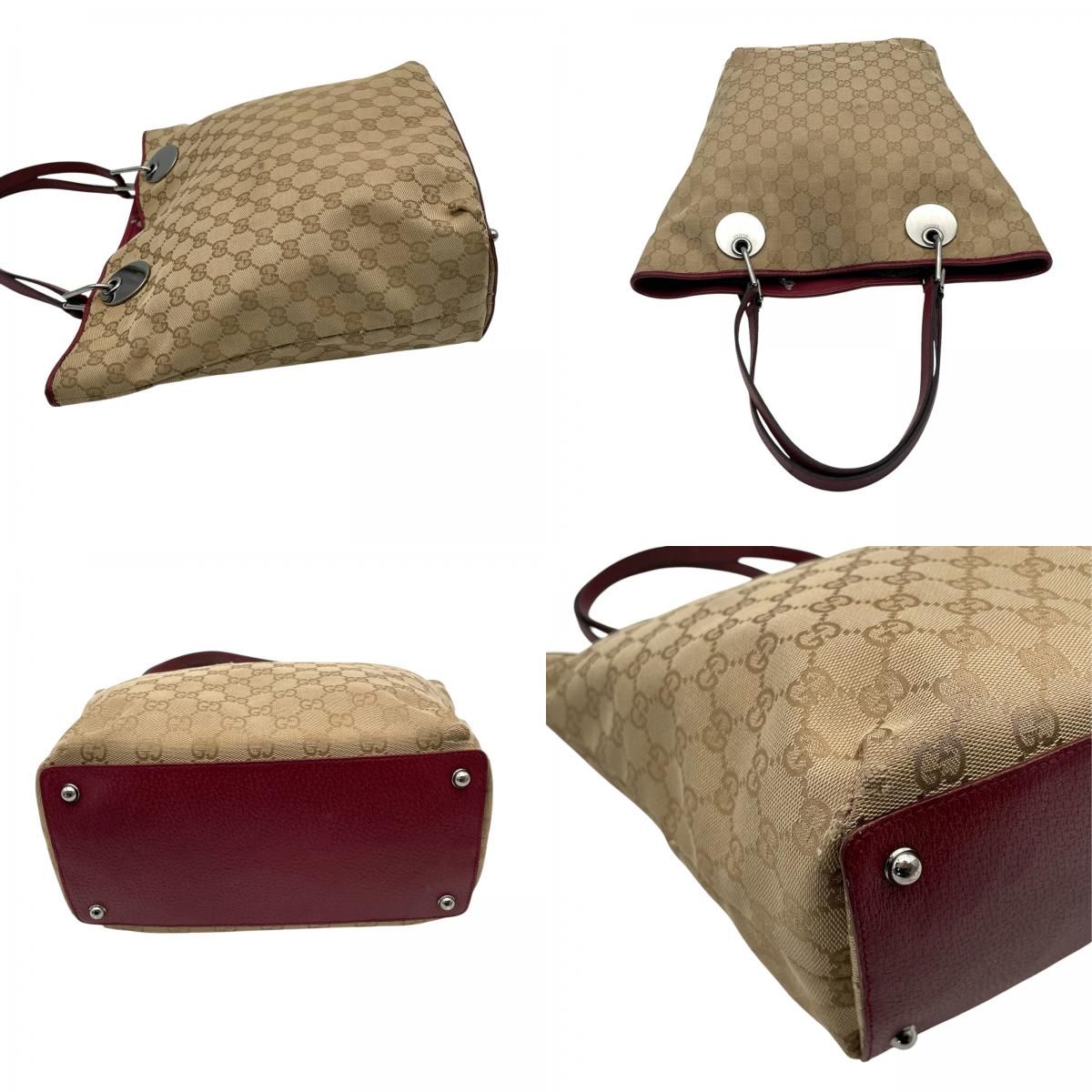 Gucci GG Canvas Tote Bag Shoulder Beige Bordeaux Wine Red Silver Purse Height — view 7