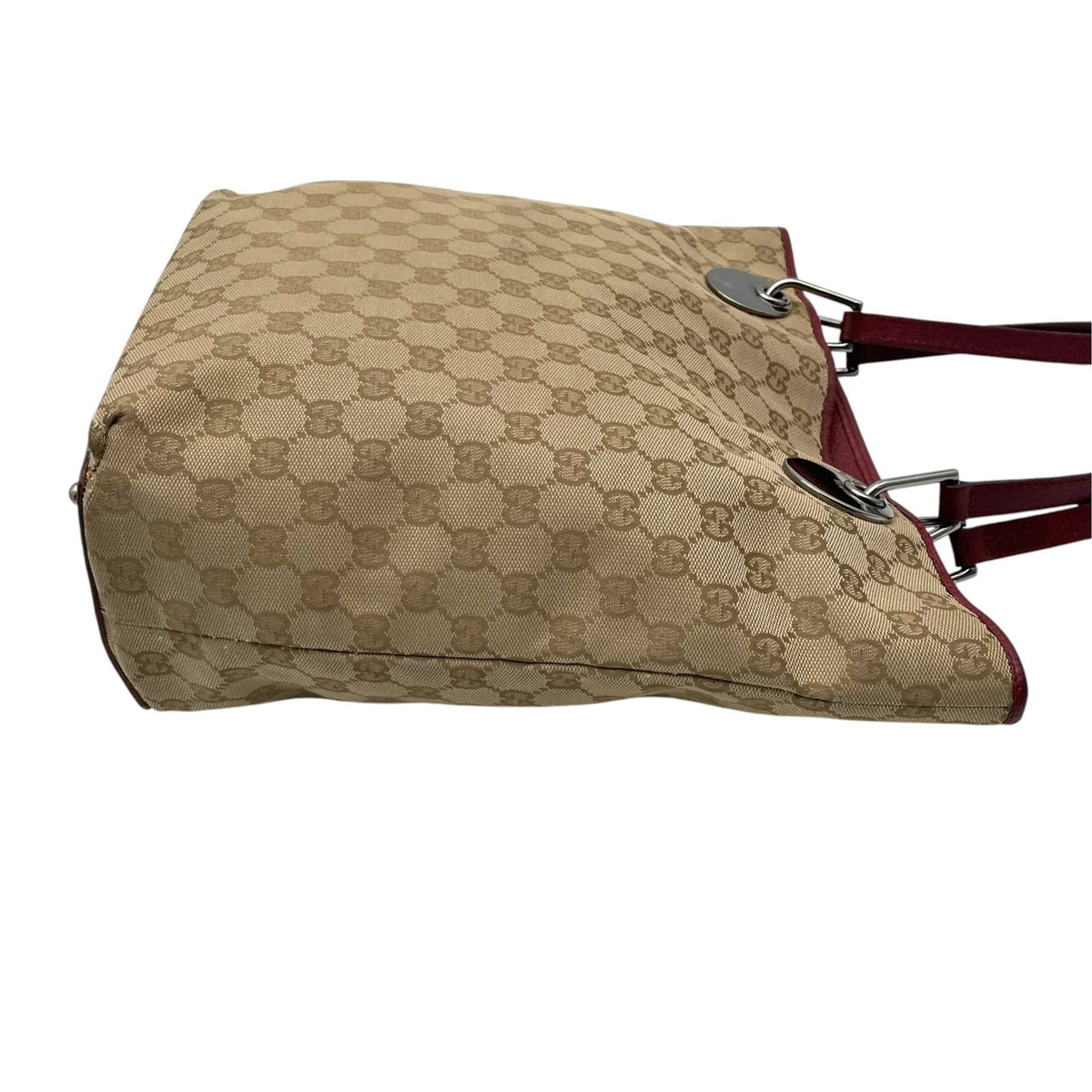 Gucci GG Canvas Tote Bag Shoulder Beige Bordeaux Wine Red Silver Purse Height — view 6