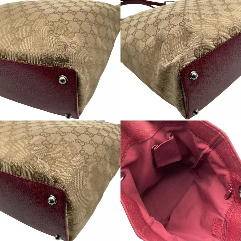 Gucci GG Canvas Tote Bag Shoulder Beige Bordeaux Wine Red Silver Purse Height — view 8