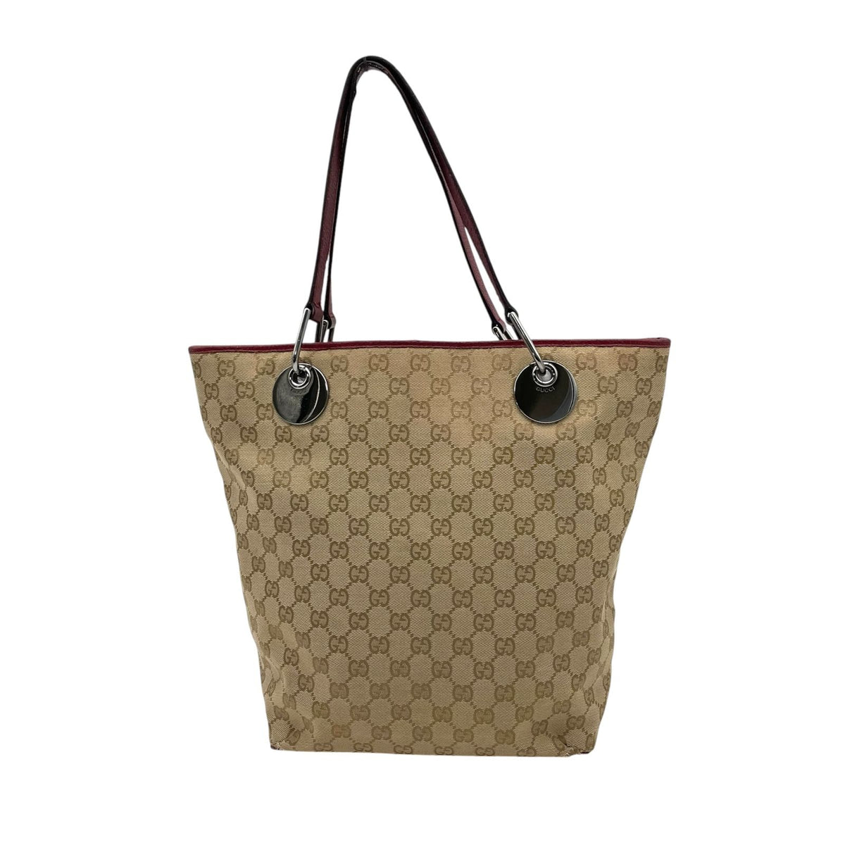 Gucci GG Canvas Tote Bag Shoulder Beige Bordeaux Wine Red Silver Purse Height — view 3