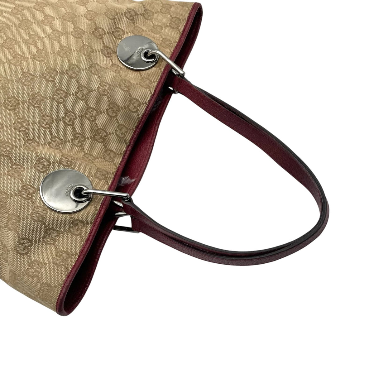 Gucci GG Canvas Tote Bag Shoulder Beige Bordeaux Wine Red Silver Purse Height — view 5