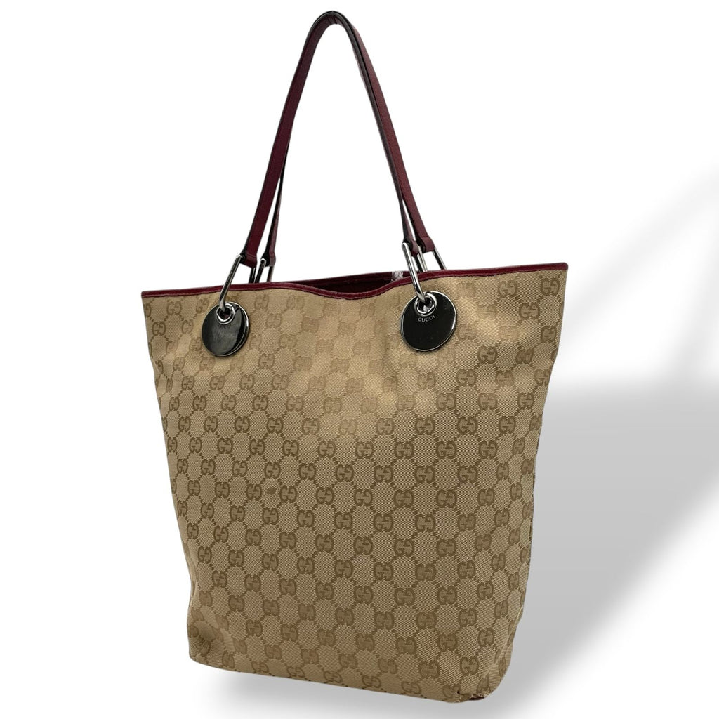 Gucci GG Canvas Tote Bag Shoulder Beige Bordeaux Wine Red Silver Purse Height