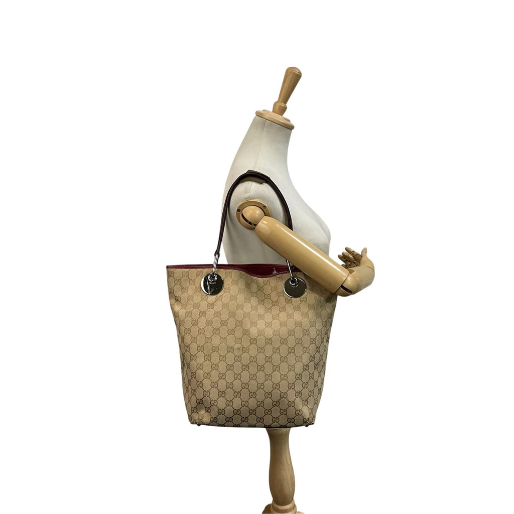 Gucci GG Canvas Tote Bag Shoulder Beige Bordeaux Wine Red Silver Purse Height — view 4
