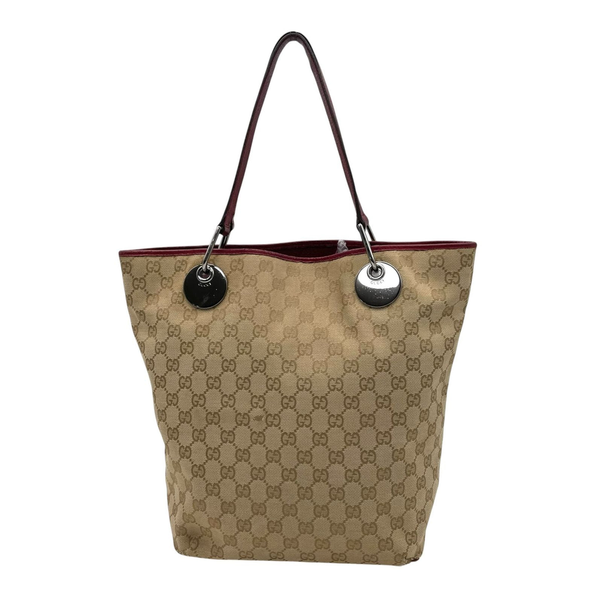 Gucci GG Canvas Tote Bag Shoulder Beige Bordeaux Wine Red Silver Purse Height — view 2