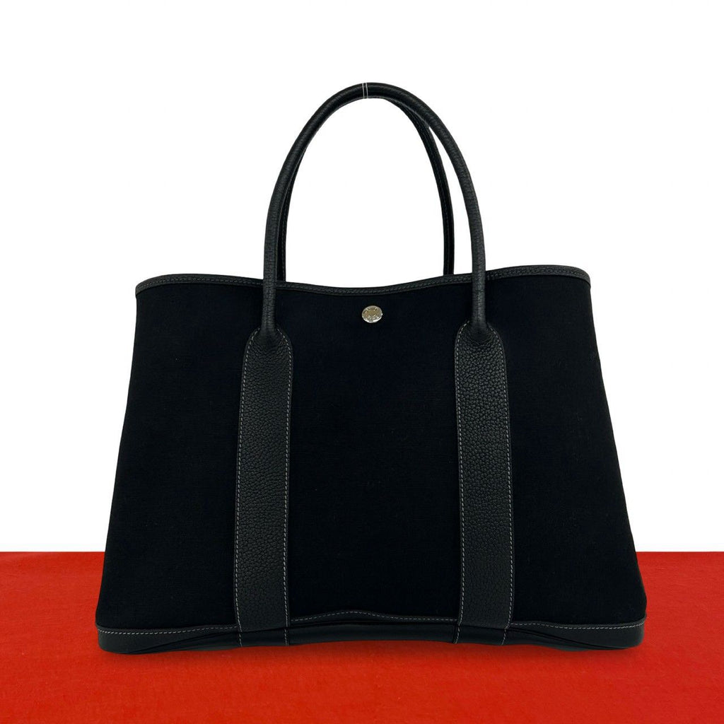 Hermes Garden Party PM Toile Officier Buffalo Leather Originally Tote Bag Black