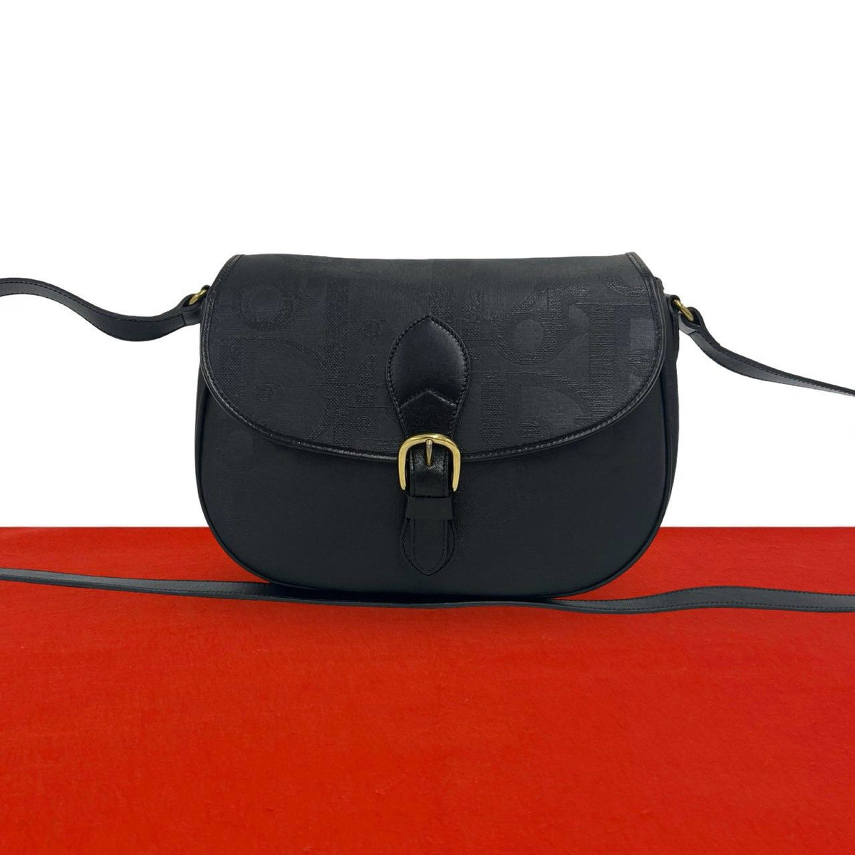 Dior Vintage Logo All Over Print Leather Shoulder Bag Cross Black