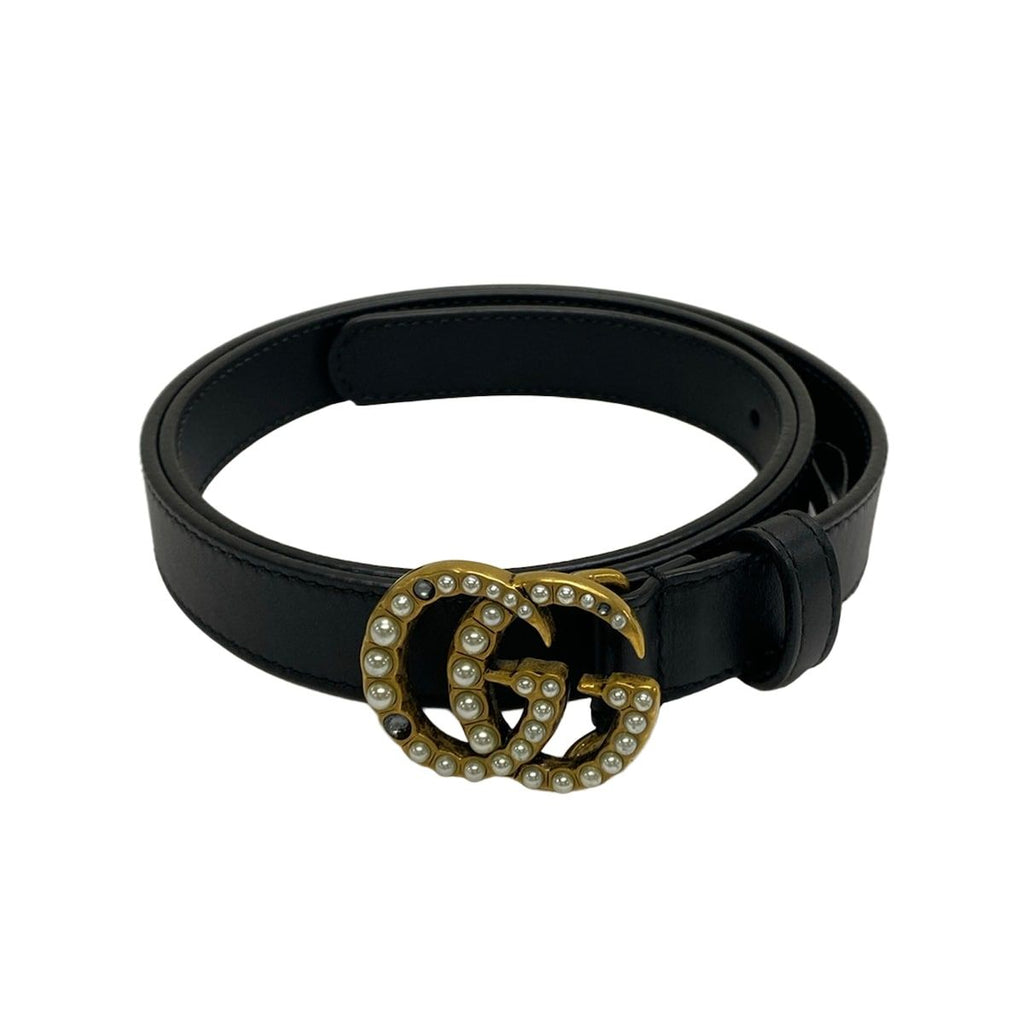 Gucci Belt 80 32 Black Gold Faux Pearl Leather