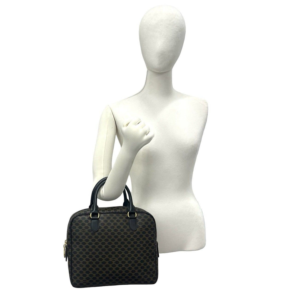 Celine Vintage Macadam Blason Pattern Leather Mini Boston Bag Black Brown — view 2