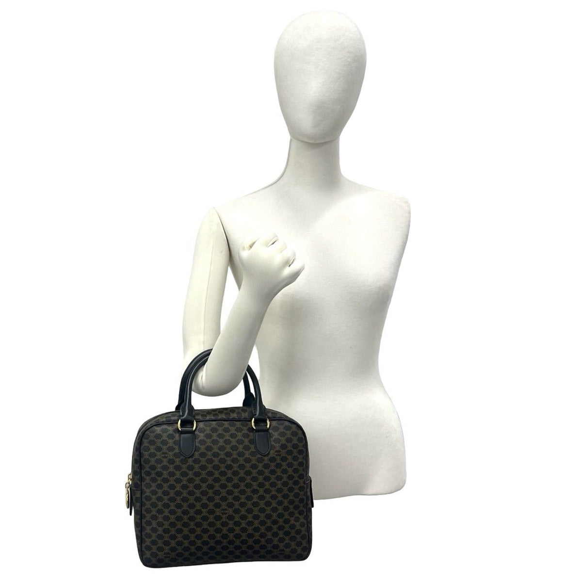 Celine Vintage Macadam Blason Pattern Leather Mini Boston Bag Black Brown — view 2