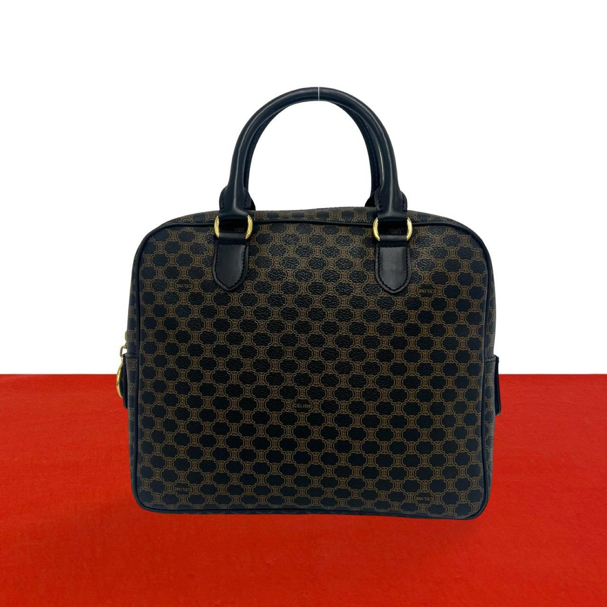 Celine Vintage Macadam Blason Pattern Leather Mini Boston Bag Black Brown