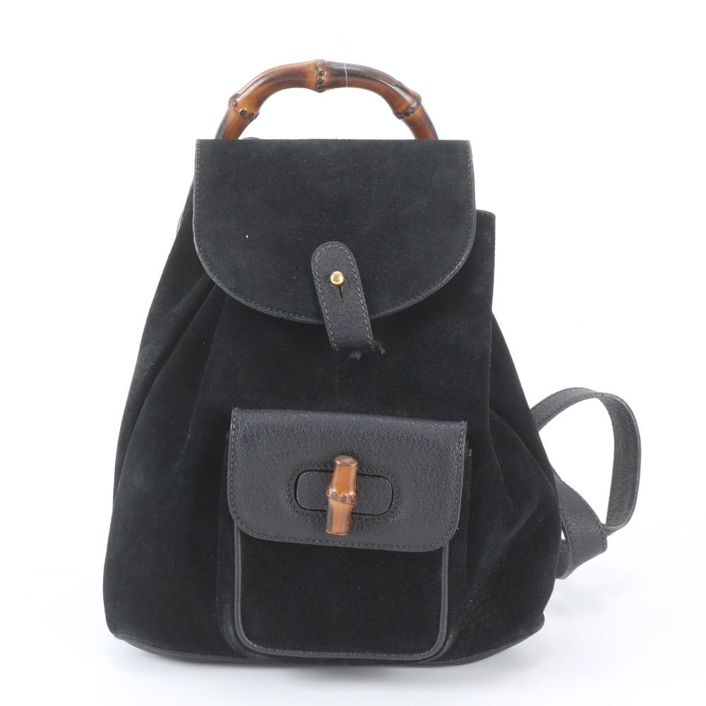 Gucci Vintage Bamboo Leather Backpack Shoulder Bag Black