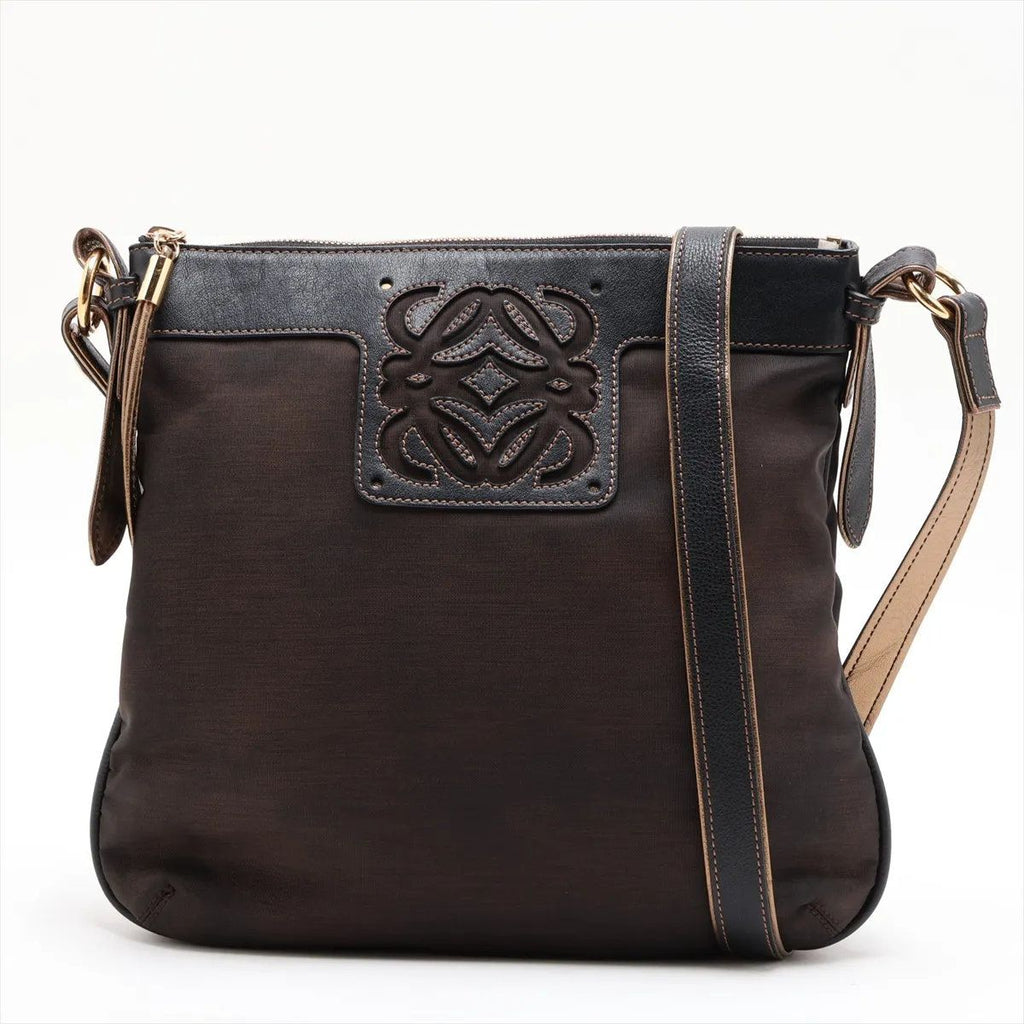 Loewe Anagram Leather Nylon Shoulder Bag Crossbody Brown
