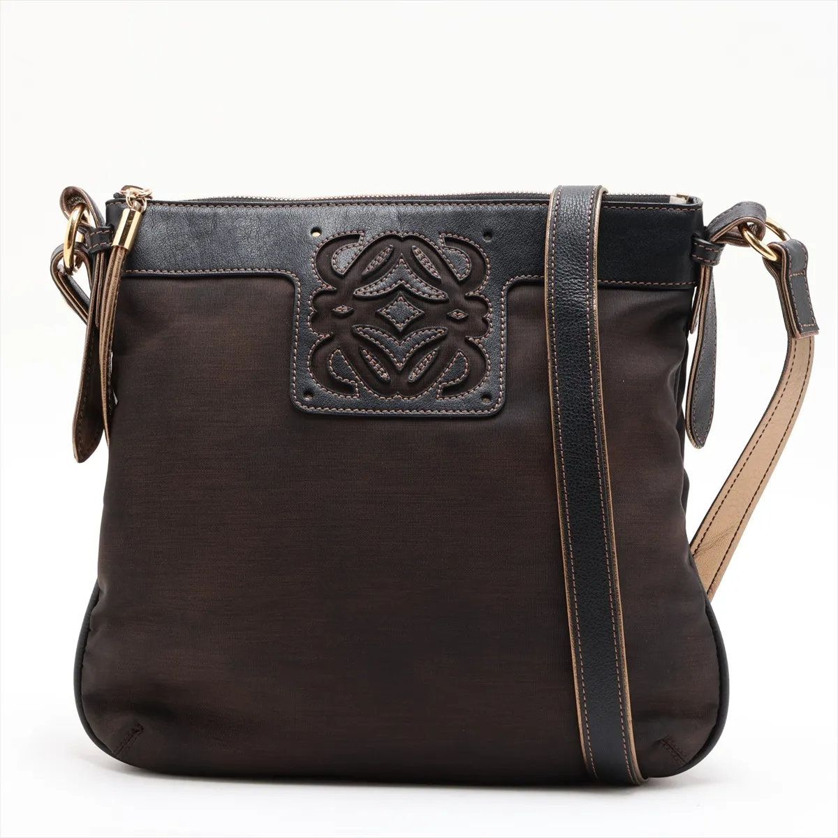 Loewe Anagram Leather Nylon Shoulder Bag Crossbody Brown
