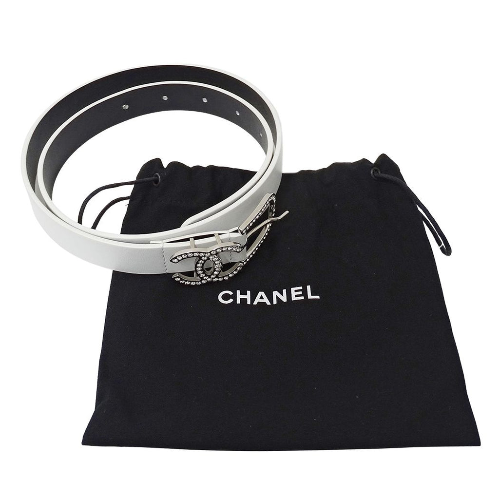 Chanel Belt Leather Rhinestone White Silver 75/30 CC Logo — view 6