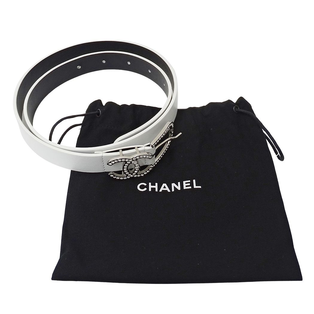 Chanel Belt Leather Rhinestone White Silver 75/30 CC Logo — view 6