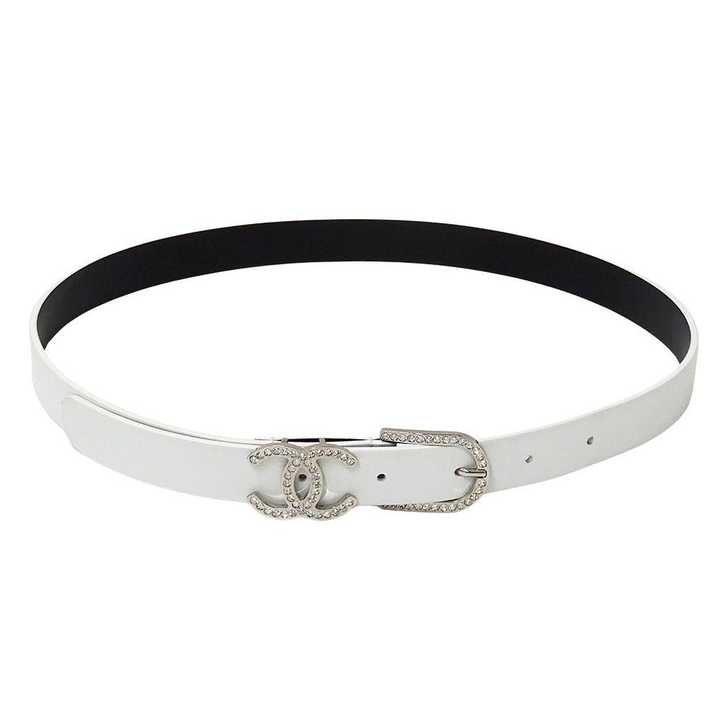 Chanel Belt Leather Rhinestone White Silver 75/30 CC Logo — view 2