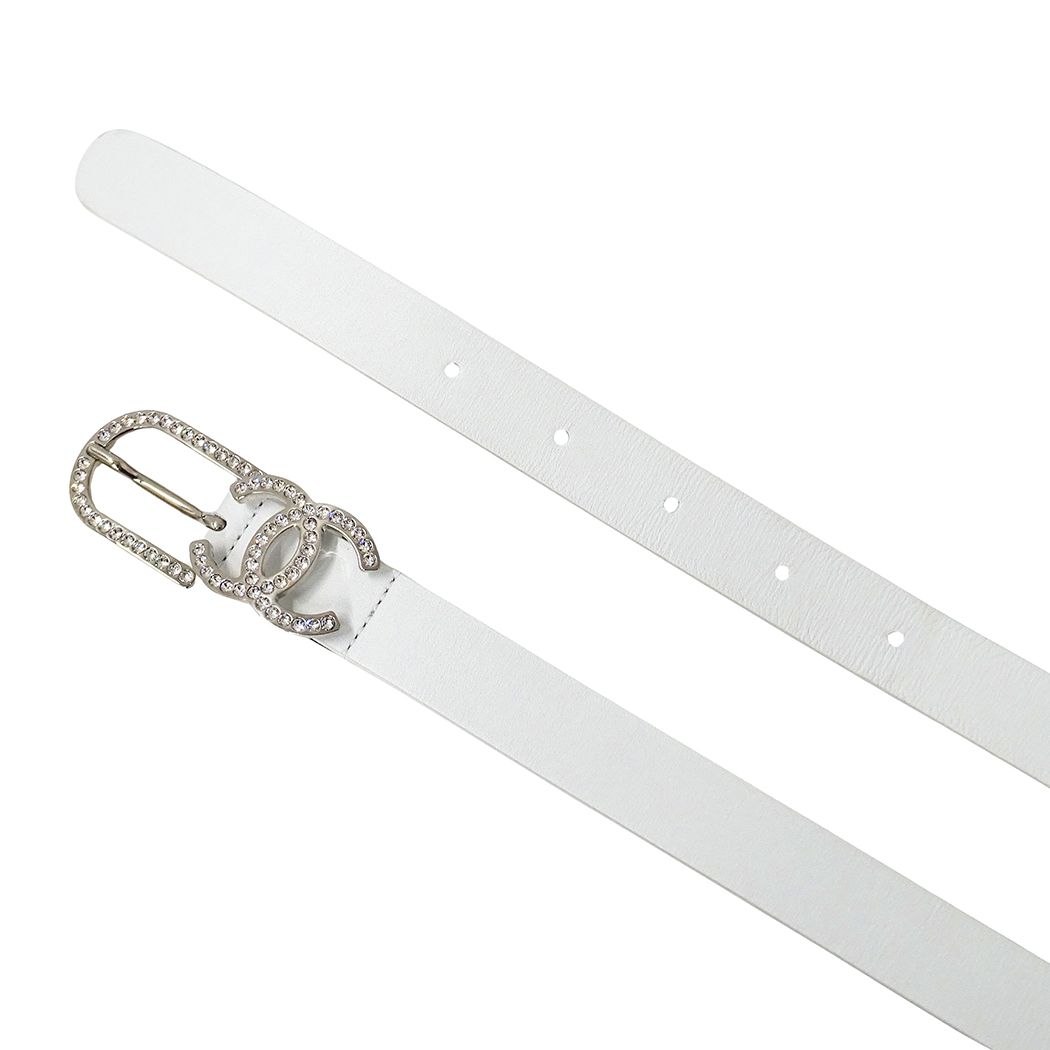 Chanel Belt Leather Rhinestone White Silver 75/30 CC Logo — view 5