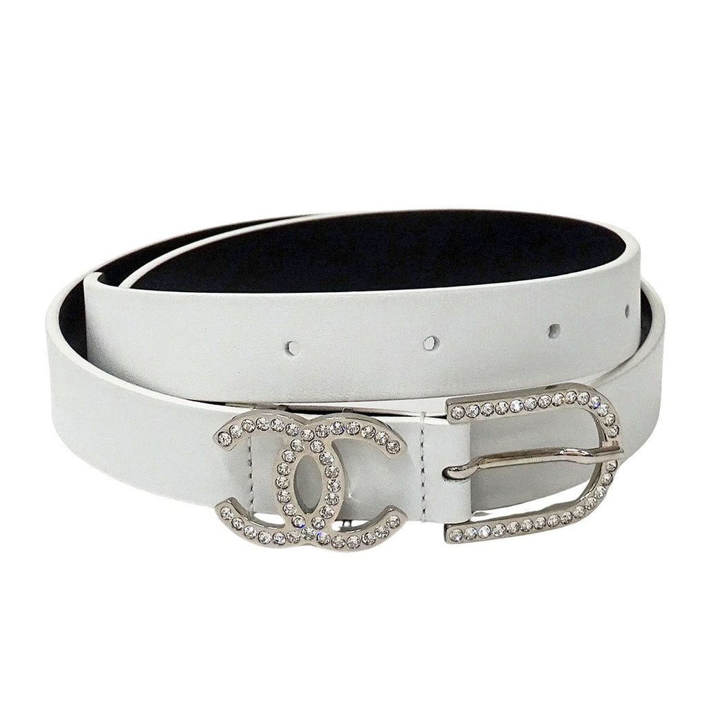 Chanel Belt Leather Rhinestone White Silver 75/30 CC Logo