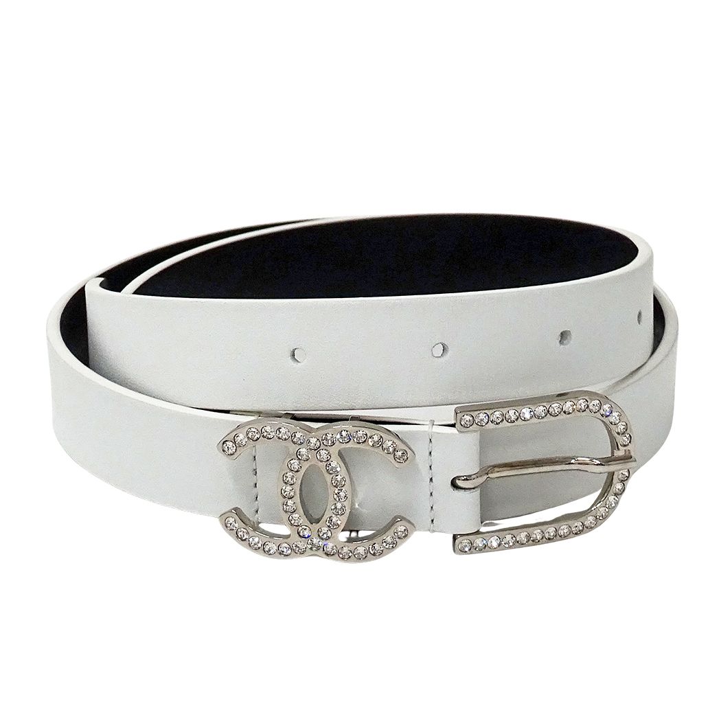 Chanel Belt Leather Rhinestone White Silver 75/30 CC Logo