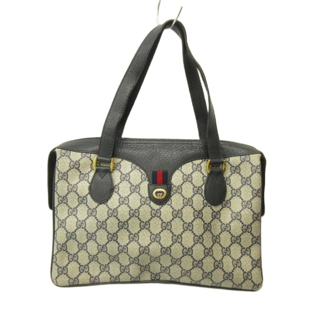 Gucci Vintage Tote Bag GG All Over Print Sherry Line Leather Beige Black