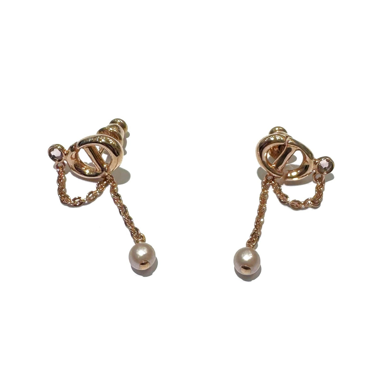Dior Earrings CD Logo Pink Gold Crystal Faux Pearl