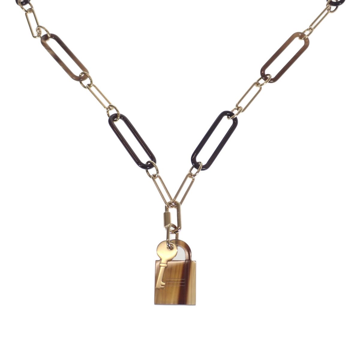 Hermes Amulette Padlock GM Necklace Buffalo Horn Brown Gold