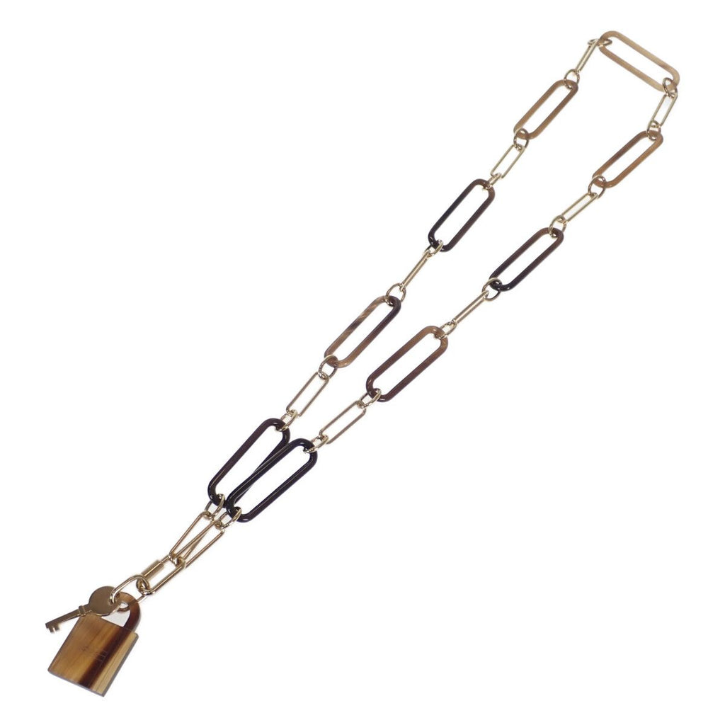 Hermes Amulette Padlock GM Necklace Buffalo Horn Brown Gold