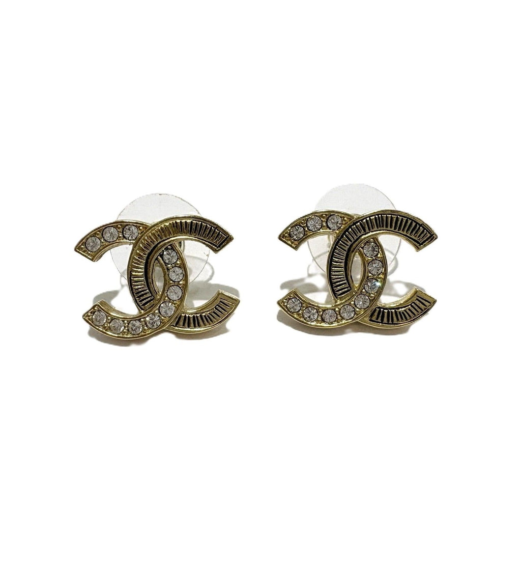 Chanel CC Logo Rhinestone P Metal Earrings Gold Plated