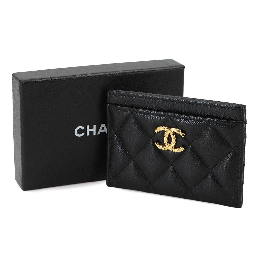 Chanel Quilted Card Case Business Caviar Leather Black Gold — view 2